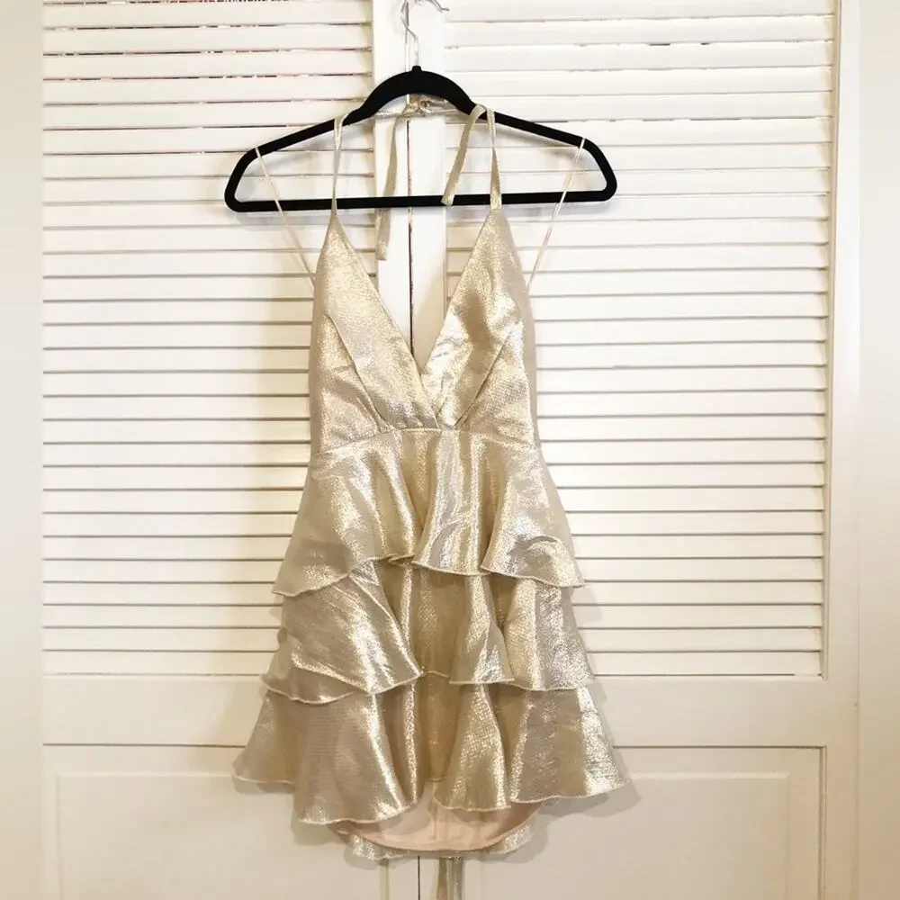 Alice McCall Astral Plane Metallic Gold Ruffle Mini Dress - Picture 6 of 12